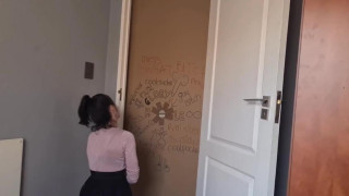 Gloryhole slut sucks and jerks my dick to get through doorway