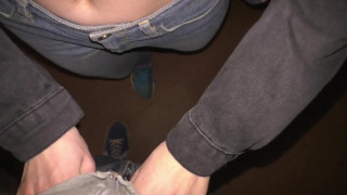 Risky sex on the stairwell and cumshot in panties
