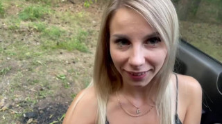 Hot blowjob in the forest deep in throat from a sexy blonde