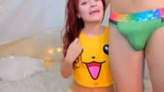 Small cute teen redhead playing with BF cock and balls
